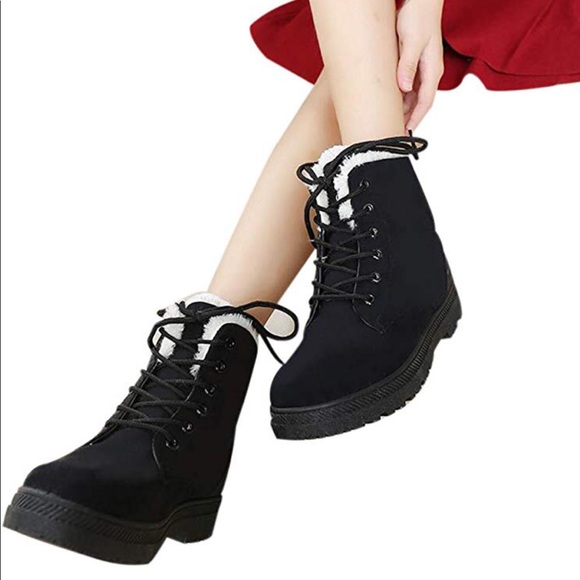 Platform Warm Fur Snow Ankle Lace Up Flat Booties - Picture 2 of 4